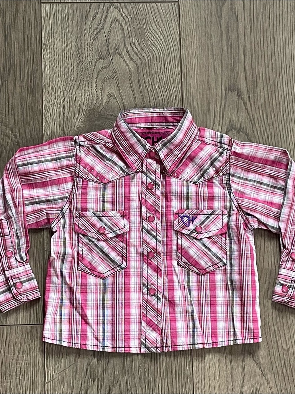 Cowgirl Hardware Pink Plaid Embroidered Rhinestone Horse 6m Baby Western Shirt